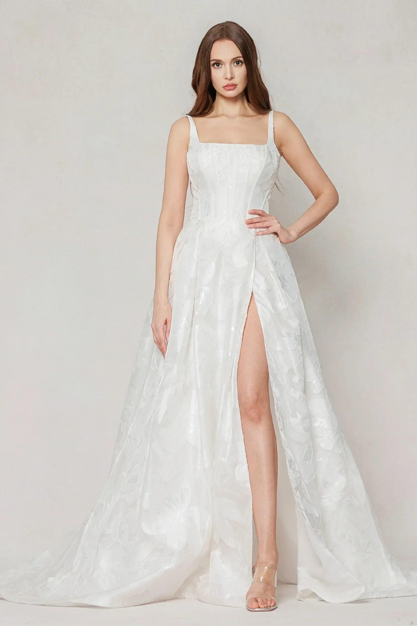 A-Line Court Train Jacquard Satin Wedding Dress CW3621 - COCOMELODY
